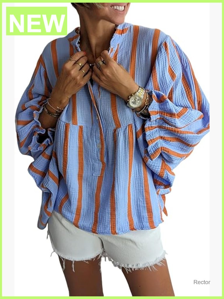 Puff Sleeve Babydoll Top V Neck Striped Cotton Loose Fit Flowy Blouse